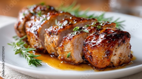 Sliced Pork Tenderloin with Glaze and Rosemary Garnish