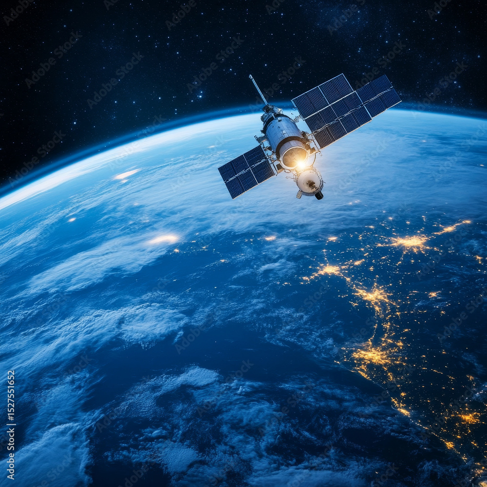 Obraz premium Space technology touch satellite communication and exploration structure global network. Innovative advancements in propulsion systems and satellite design enhance the exchange of real-time data.