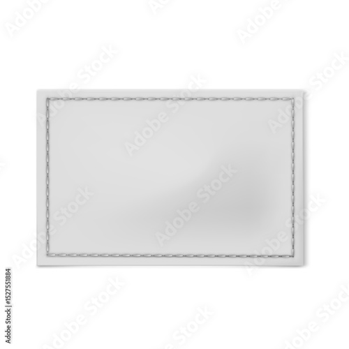 White textile rectangle sewn on label, vector realistic cloth fabric tag for textile with stitches, cotton badge mockup