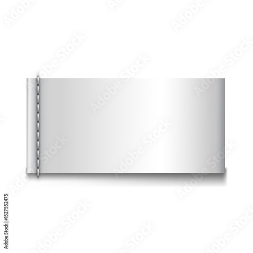 Textile label. Horizontal template of cotton tape, white with seam stitches on the left edge.