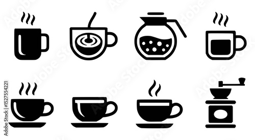 Coffee icons set featuring cups a coffee pot and a grinder