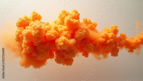 A vivid plume of orange smoke billowing dramatically into the air, illuminated by soft sunlight, creating a surreal and atmospheric effect. The texture of the smoke is thick and cloud-like, 