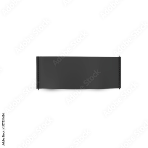 Black textile sewn label, vector realistic cloth fabric rectangle tag, fashion sticker for size, material information