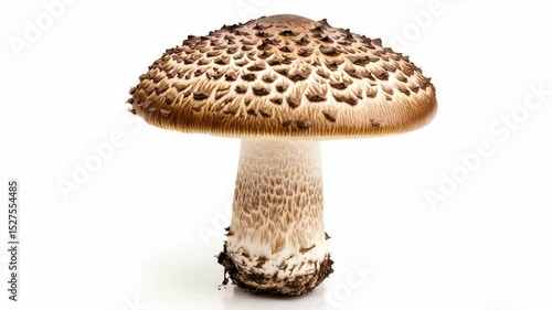 Single mushroom with cap and stem against a stark backdrop.