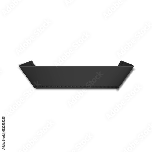 Black textile label, fabric tag with curled edges, vector realistic cloth label with stitches, ribbon badge mockup