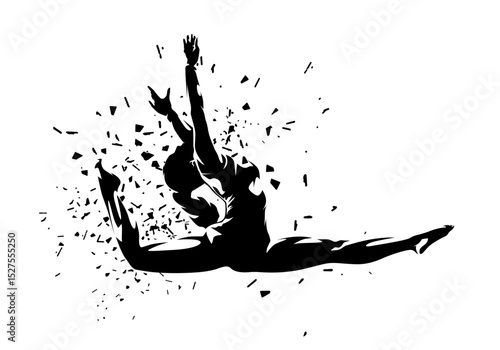 Female artistic gymnast in mid-air during a dynamic jump. High-contrast vector illustration with distortion effect, isolated vector silhouette