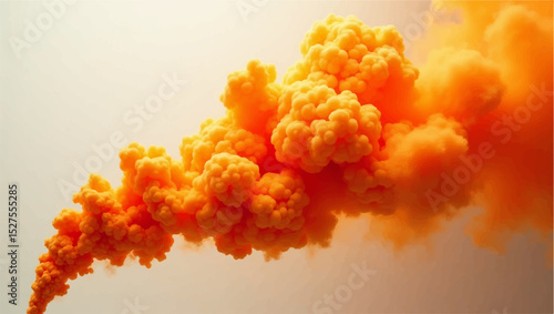A vivid plume of orange smoke billowing dramatically into the air, illuminated by soft sunlight, creating a surreal and atmospheric effect. The texture of the smoke is thick and cloud-like, 