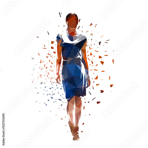 Abstract geometric fashion model catwalk. Business woman, isolated vector low poly illustration of walking woman with distortion effect
