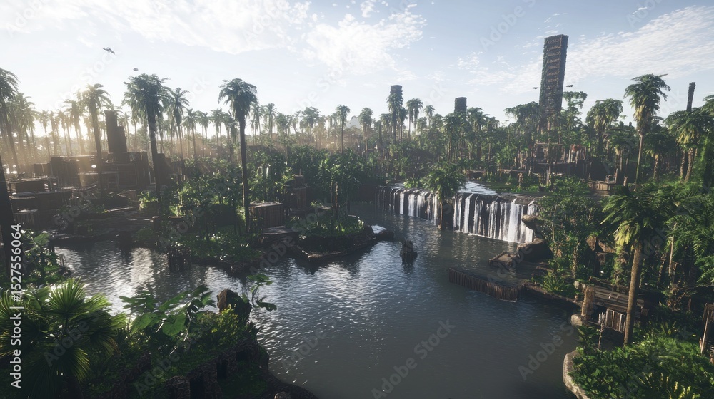 Obraz premium Ruined city, jungle, waterfall, calm river
