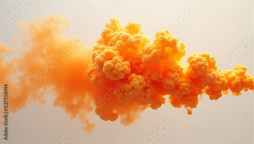 A vivid plume of orange smoke billowing dramatically into the air, illuminated by soft sunlight, creating a surreal and atmospheric effect. The texture of the smoke is thick and cloud-like, 