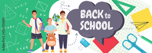 Horizontal banner Back to school Childhood illustration with kids, book, pen, stationery Collection for print, education, learning Vector design for stationery store ads, poster, advertising, sale