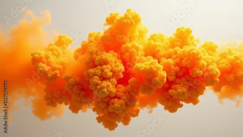 A vivid plume of orange smoke billowing dramatically into the air, illuminated by soft sunlight, creating a surreal and atmospheric effect. The texture of the smoke is thick and cloud-like, 