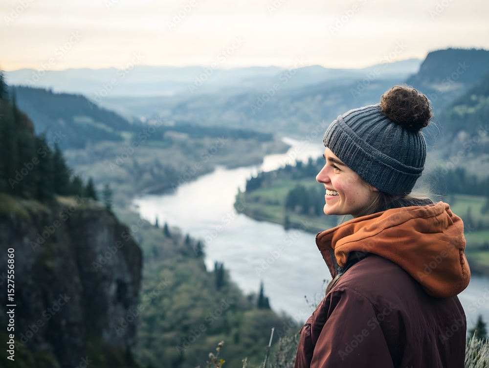 Naklejka premium 99. A person smiling at a scenic overlook