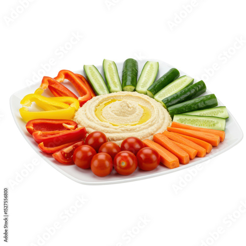 Colorful platter of fresh vegetables and hummus arranged artistically for a healthy snack