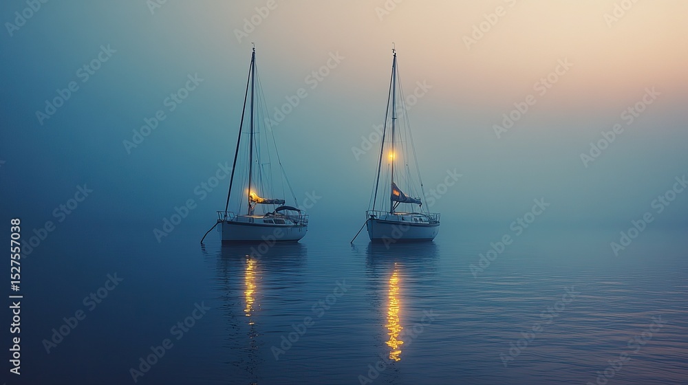 Fototapeta premium Serene sailboats on calm waters illuminated by soft blue hues, ideal for nautical themes or relaxing visuals.
