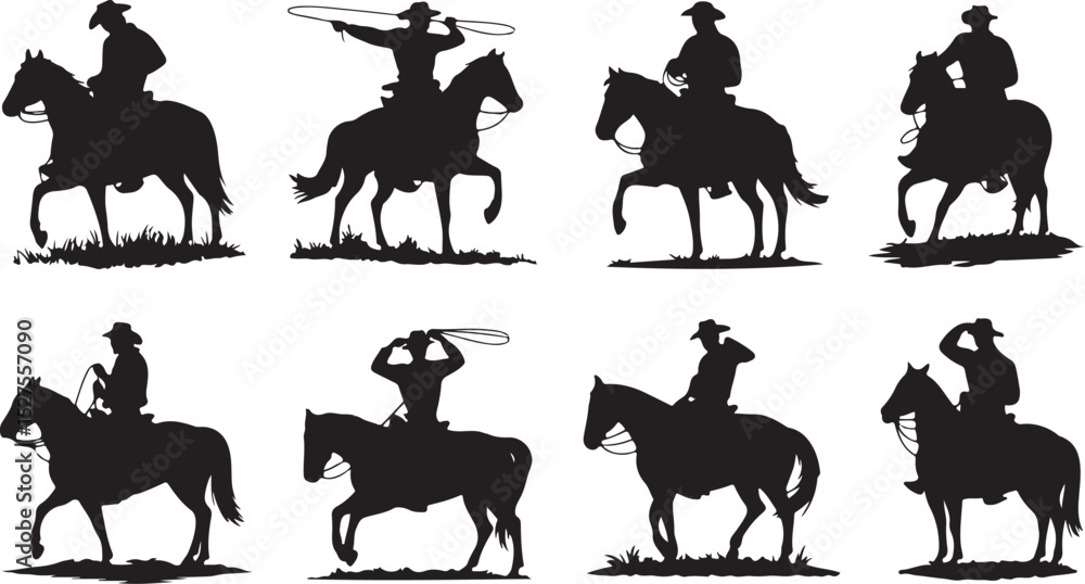 Fototapeta premium Cowboy Rider Silhouette Set with Horse Lasso Art Design, Perfect for Western Ranch Decor and Wild West Illustration