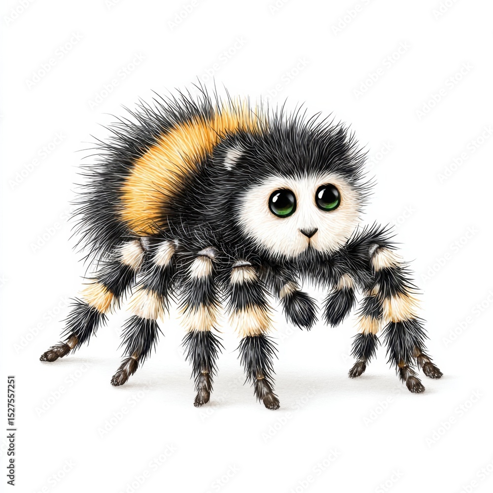 Fototapeta premium An adorable fluffy spider with big green eyes stands isolated on white art