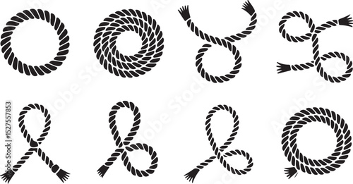 Rope Silhouette Set with Knots Coils Art Design, Perfect for Nautical Craft Decor and Strong Tie Illustration Theme