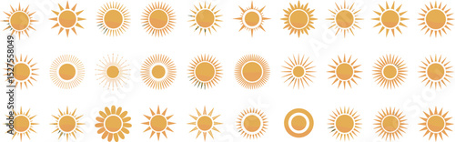 Collection of decorative sun icons, vector sunshine symbols set, abstract summer sunburst designs, orange sun shapes, solar logo elements pack
