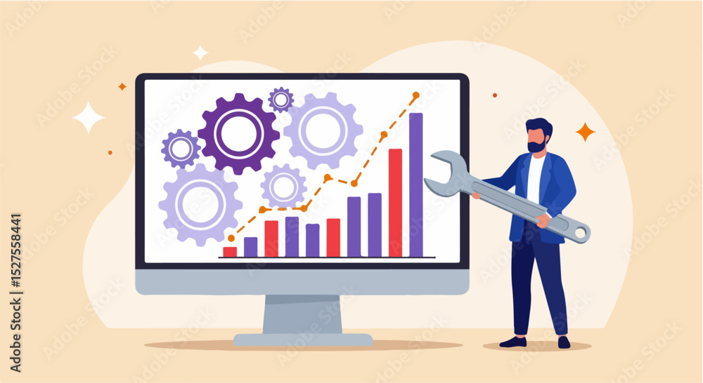 Engineer Adjusting Analytics on Monitor with Gears and Graphs – Vector Illustration of Data Optimization Engineer Adjusting Analytics on Monitor with Gears and Graphs – Vector Illustration of Data Optimization