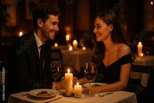 Man and woman sitting at table with candle.