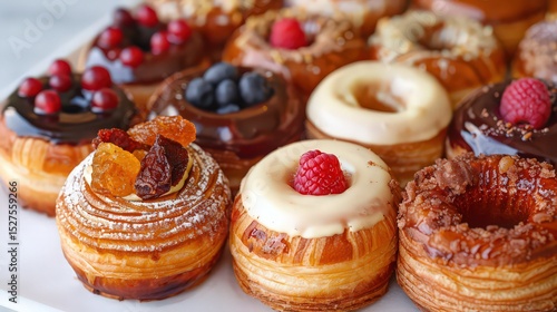 Close up of assorted cronuts with various toppings like berries and chocolate on a white surface