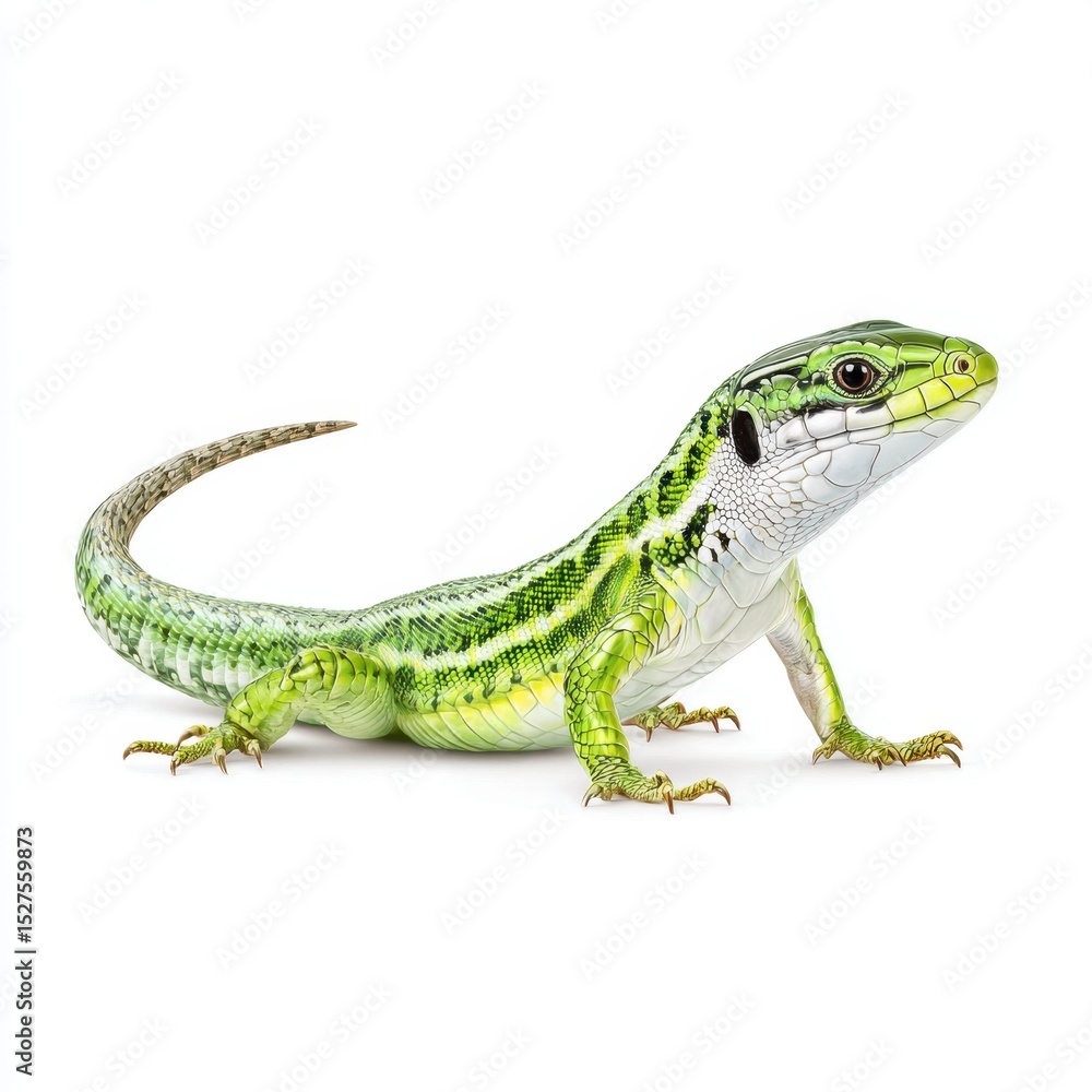 Fototapeta premium A bright green lizard with a curled tail sits on a pure white background.