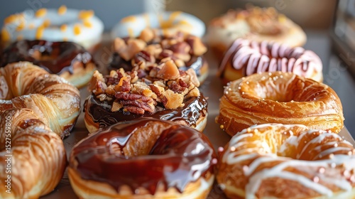 A close up shot of assorted donuts with different toppings and fillings on display in a bakery case