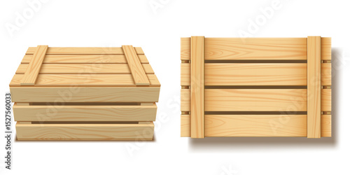 Set of wooden closed boxes in top and side views. Realistic container.