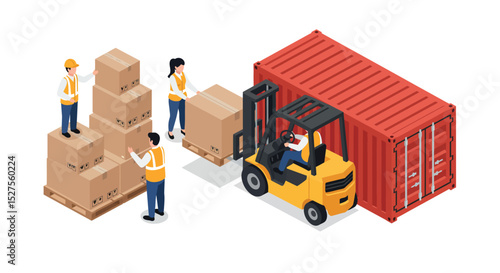 Logistics workers operating forklift and loading cargo containers vector illustration