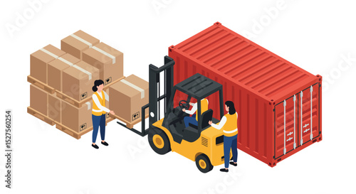 Warehouse workers and forklift loading cargo boxes into shipping container vector illustration