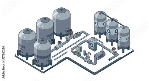Industrial oxygen tank system with connected pipelines and monitoring units vector illustration