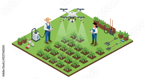 Farmers using drone technology for smart agriculture on a sunny day vector illustration