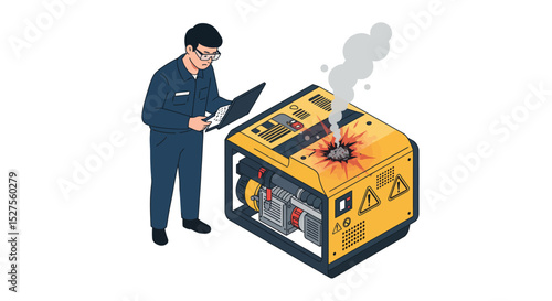 Cartoon male technician assessing damaged generator with smoke vector illustration