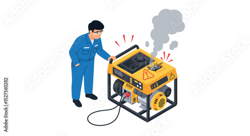 Asian male technician examining smoking portable generator for overheating issues vector illustration