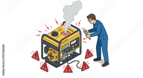 Caucasian male technician repairing smoking generator with warning signs vector illustration