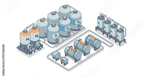 Industrial gas storage tanks with hydrogen and oxygen cylinders in isometric design vector illustration