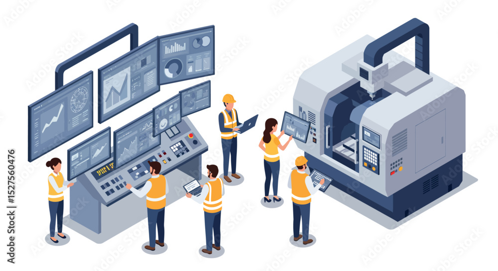 Engineers and technicians operating industrial machinery in a high-tech control room vector illustration Engineers and technicians operating industrial machinery in a high-tech control room vector illustration