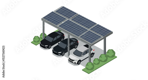 Isometric view of three solar-powered cars in a parking structure with solar panels vector illustration