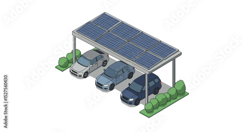 Isometric illustration of solar panels on carport with parked cars vector illustration