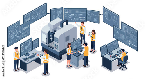 Industrial automation scene with diverse engineers managing cnc machine and monitoring data vector illustration