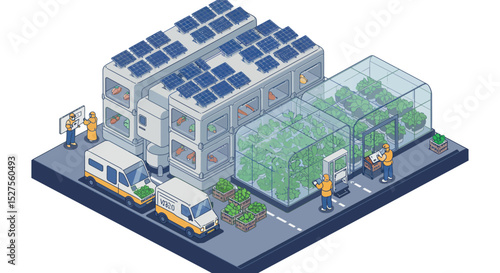 Isometric urban farm with solar panels and greenhouses for sustainable food production vector illustration