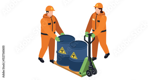 Two workers transporting hazardous material barrels on a pallet jack vector illustration
