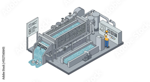 Industrial water treatment process with worker operating machinery vector illustration