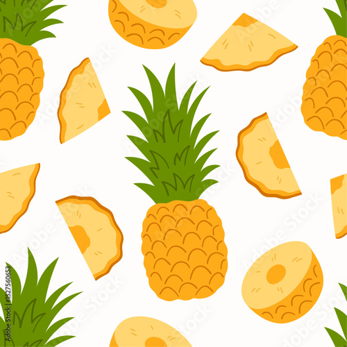 Seamless pattern with pineapples and slices. Tropical summer modern design.