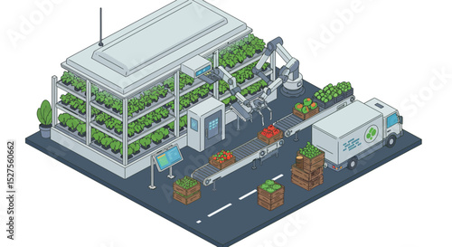 Isometric urban vertical farm with automated robotics and eco-friendly logistics vector illustration