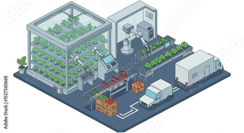 Isometric automated greenhouse farming with robotics and delivery system vector illustration