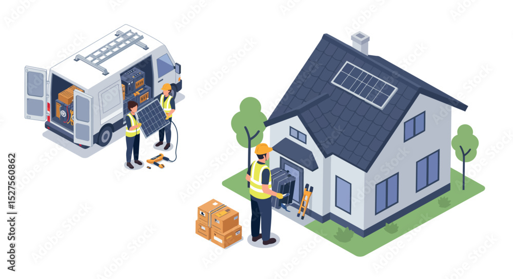 Fototapeta premium Installation of solar panels on residential roof by workers vector illustration