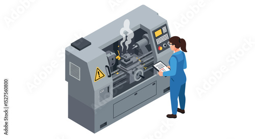 Female engineer operating industrial cnc machine with tablet vector illustration