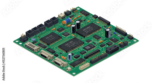 Detailed electronic circuit board with microchips and connectors vector illustration